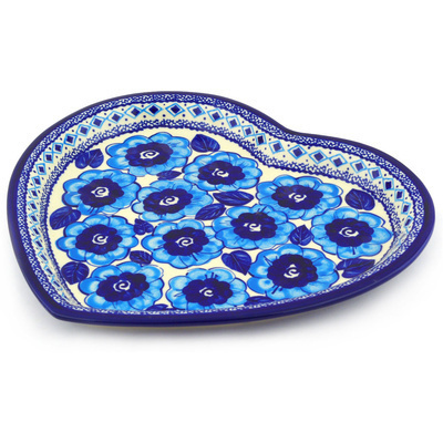 Polish Pottery Heart Shaped Platter 11&quot; Bright Blue Poppies UNIKAT