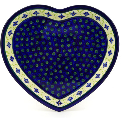 Polish Pottery Heart Shaped Platter 11&quot; Green Gingham Peacock