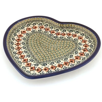 Polish Pottery Heart Shaped Platter 11&quot; Green Mosaic UNIKAT