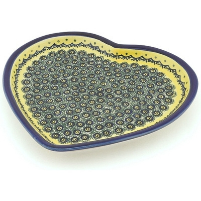 Polish Pottery Heart Shaped Platter 11&quot; Peacock Bumble Bee
