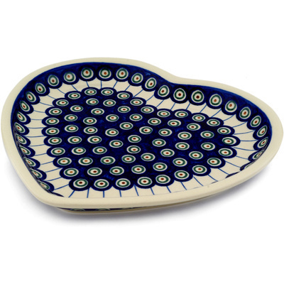 Polish Pottery Heart Shaped Platter 11&quot; Traditional Peacock