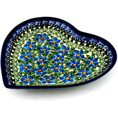 Polish Pottery Heart Shaped Platter 7&quot; Blue Daisy Dream UNIKAT