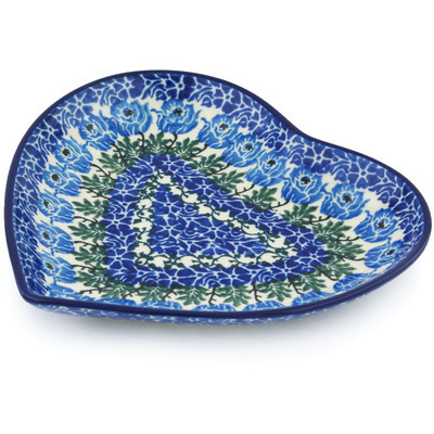 Polish Pottery Heart Shaped Platter 7&quot; Blue Rosette Wreath