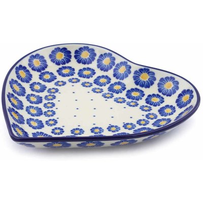 Polish Pottery Heart Shaped Platter 7&quot; Blue Zinnia