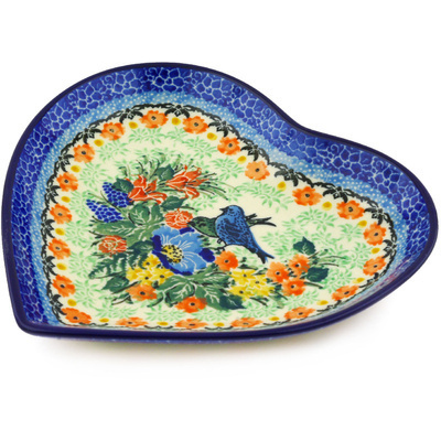 Polish Pottery Heart Shaped Platter 7&quot; Bountiful Birds UNIKAT