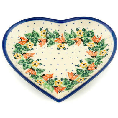 Polish Pottery Heart Shaped Platter 7&quot; Dotted Floral Wreath UNIKAT