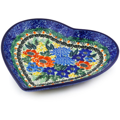 Polish Pottery Heart Shaped Platter 7&quot; Fiddle Meadow UNIKAT