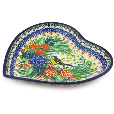 Polish Pottery Heart Shaped Platter 7&quot; Garden Bird UNIKAT