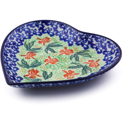 Polish Pottery Heart Shaped Platter 7&quot; Red Hibiscus