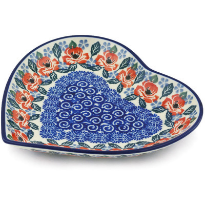 Polish Pottery Heart Shaped Platter 7&quot; Red Poppies On Blue