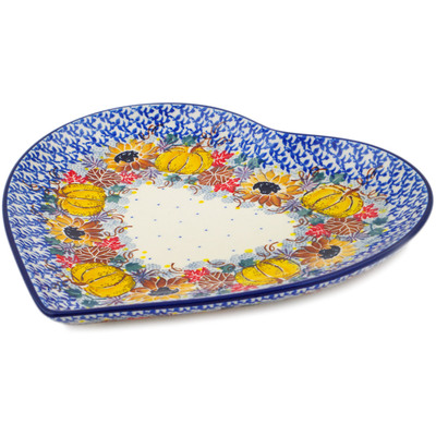 Polish Pottery Heart Shaped Platter 9&quot; Autumn Falling Leaves UNIKAT
