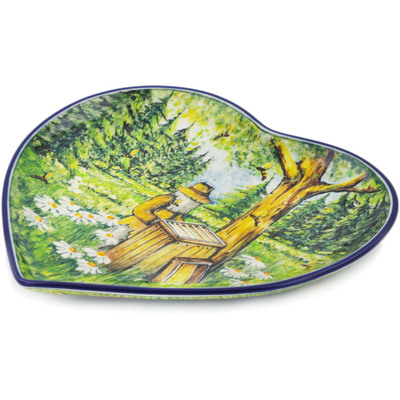 Polish Pottery Heart Shaped Platter 9&quot; Beekeeper UNIKAT