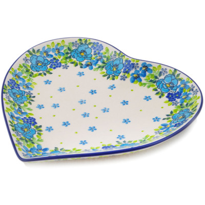 Polish Pottery Heart Shaped Platter 9&quot; Blue Kissed Petals UNIKAT