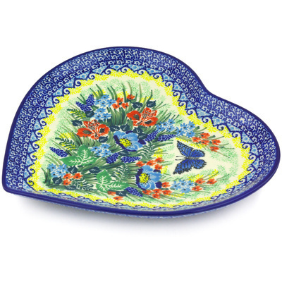 Polish Pottery Heart Shaped Platter 9&quot; Blue Monarch Garden UNIKAT