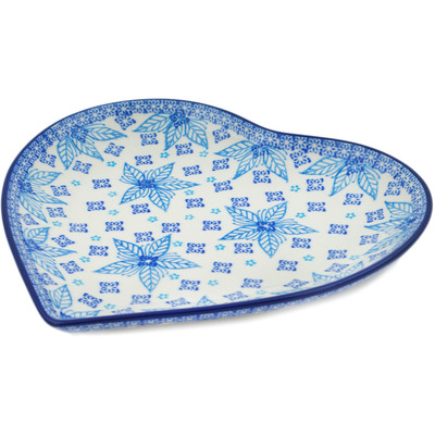 Polish Pottery Heart Shaped Platter 9&quot; Blue Poinsettia UNIKAT