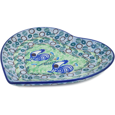 Polish Pottery Heart Shaped Platter 9&quot; Blue Rooster UNIKAT