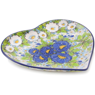 Polish Pottery Heart Shaped Platter 9&quot; Blue Wild Field Flowers UNIKAT