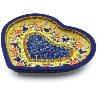 Polish Pottery Heart Shaped Platter 9&quot; Butterfly Summer Garden UNIKAT
