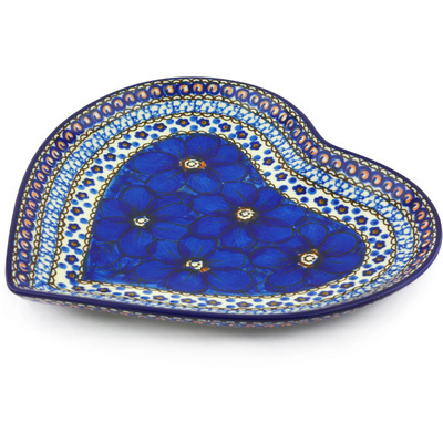 Polish Pottery Heart Shaped Platter 9&quot; Cobalt Poppies UNIKAT