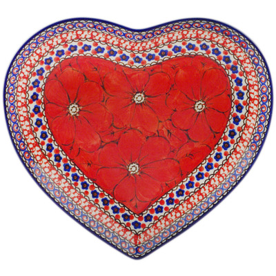 Polish Pottery Heart Shaped Platter 9&quot; Crimson Poppies UNIKAT