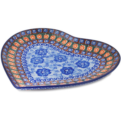 Polish Pottery Heart Shaped Platter 9&quot; Dancing Blue Poppies UNIKAT