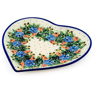 Polish Pottery Heart Shaped Platter 9&quot; Dotted Floral Wreath UNIKAT