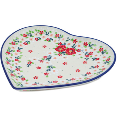Polish Pottery Heart Shaped Platter 9&quot; Festive Mistletoe UNIKAT