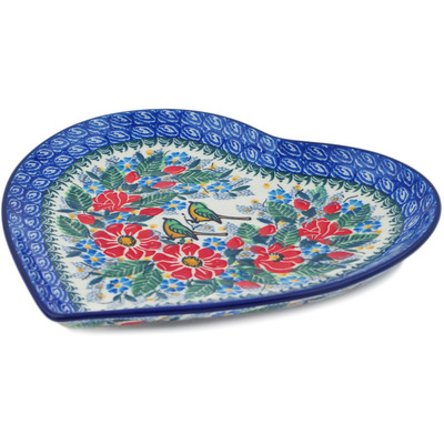 Polish Pottery Heart Shaped Platter 9&quot; Green Bird Meadow UNIKAT