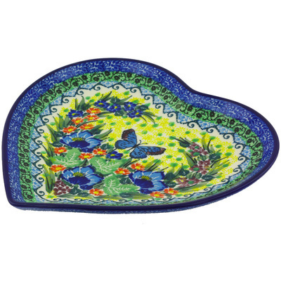 Polish Pottery Heart Shaped Platter 9&quot; Hidden Butterfly Meadow UNIKAT
