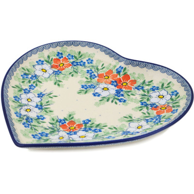 Polish Pottery Heart Shaped Platter 9&quot; Lovely Hibiscus UNIKAT