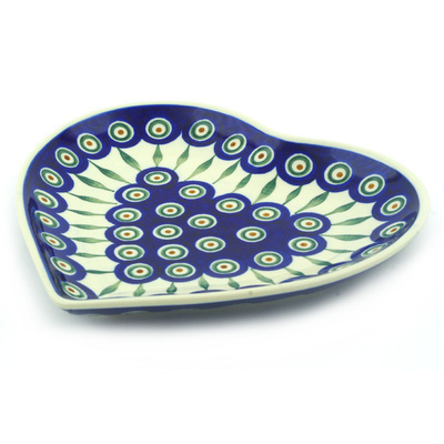 Polish Pottery Heart Shaped Platter 9&quot; Peacock Leaves