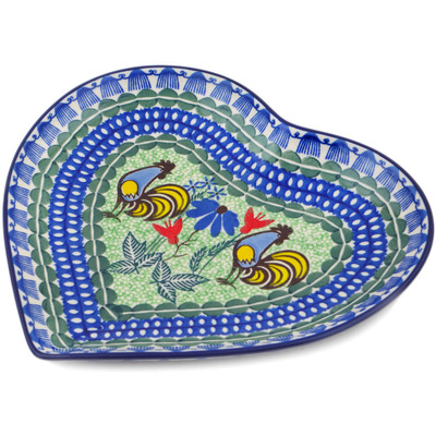 Polish Pottery Heart Shaped Platter 9&quot; Spring Rooster UNIKAT
