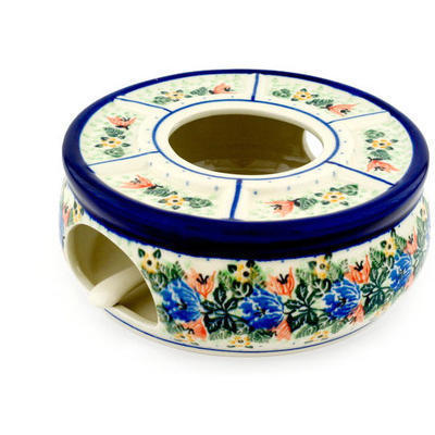 Polish Pottery Heater with Candle Holder 9&quot; Dotted Floral Wreath UNIKAT