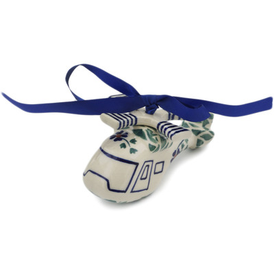 Polish Pottery Helicopter Christmas Ornament Lucky Blue Clover