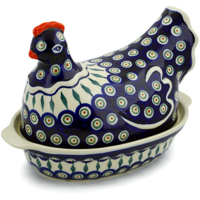 Polish Pottery Hen Shaped Jar 10&quot; Peacock Leaves