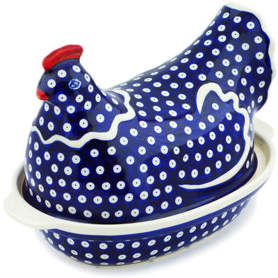 Polish Pottery Hen Shaped Jar 13&quot; Blue Eyes