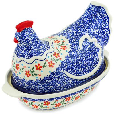 Polish Pottery Hen Shaped Jar 13&quot; Country Garden