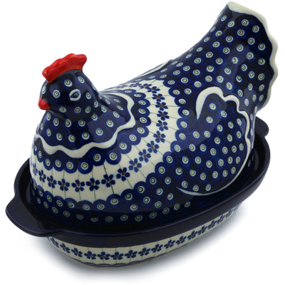 Polish Pottery Hen Shaped Jar 13&quot; Flowering Peacock