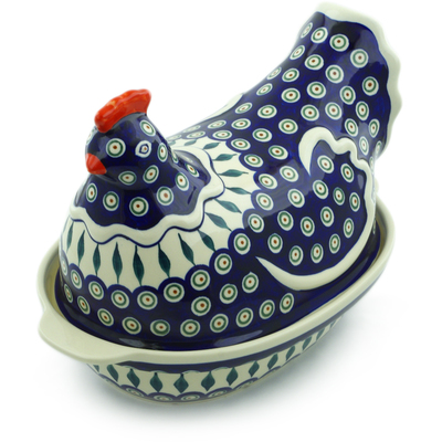 Polish Pottery Hen Shaped Jar 13&quot; Peacock Leaves