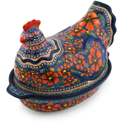 Polish Pottery Hen Shaped Jar 13&quot; Poppies UNIKAT