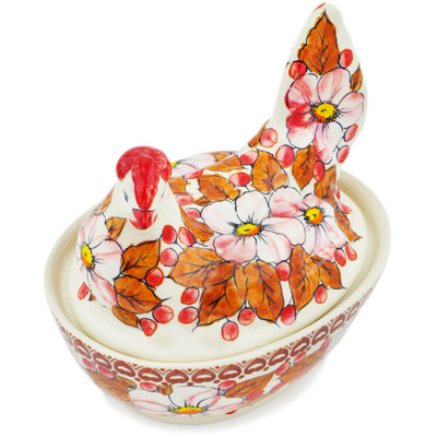 Polish Pottery Hen Shaped Jar 6&quot; Autumn Wedding UNIKAT