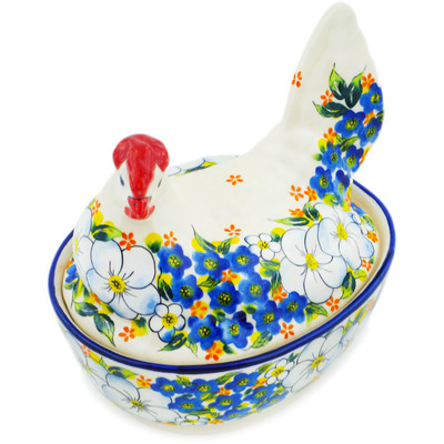 Polish Pottery Hen Shaped Jar 6&quot; Floating Florals UNIKAT