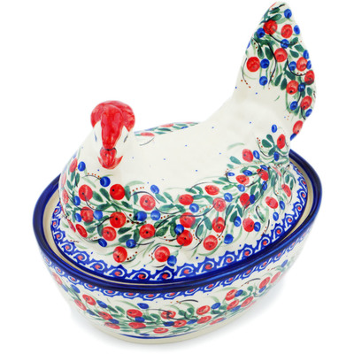 Polish Pottery Hen Shaped Jar 6&quot; Patriotic Blooms UNIKAT