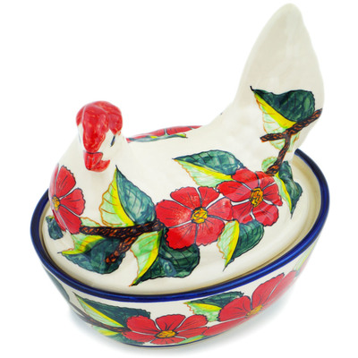 Polish Pottery Hen Shaped Jar 6&quot; Poinsettia Paradise UNIKAT