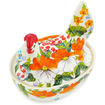 Polish Pottery Hen Shaped Jar 6&quot; Summer Walk UNIKAT