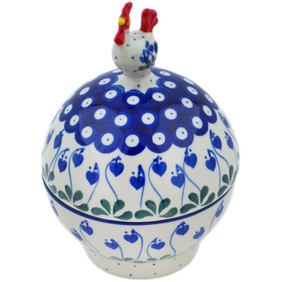 Polish Pottery Hen Shaped Jar 7&quot; Bleeding Heart Peacock