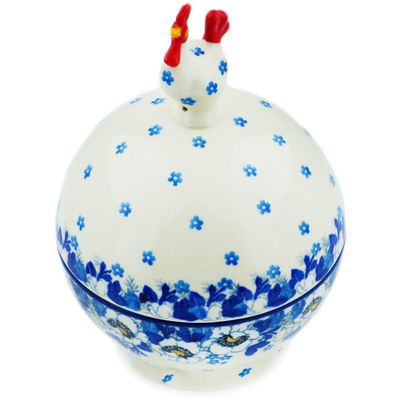 Polish Pottery Hen Shaped Jar 7&quot; Blue Spring