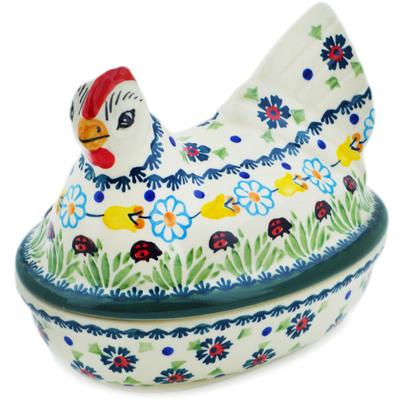 Polish Pottery Hen Shaped Jar 7&quot; Flowers And Ladybugs