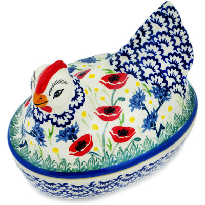Polish Pottery Hen Shaped Jar 7&quot; Poppies And Cornflowers UNIKAT