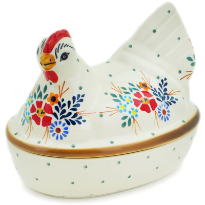 Polish Pottery Hen Shaped Jar 7&quot; Rustic Field Flowers Red